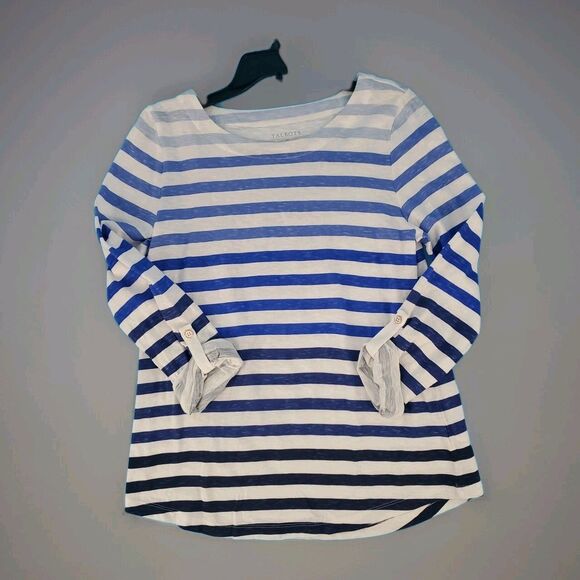 Talbots Lightweight Top Sz M Striped Roll Tab Sleeve Relaxed Fit Nautical Beach - Picture 3 of 10